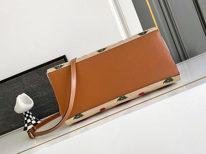 Modern Premium Brown Embroidered Leather Top Handle Bag