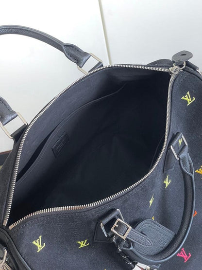 Classic Modern Black Embroidered Denim Top Handle Bag