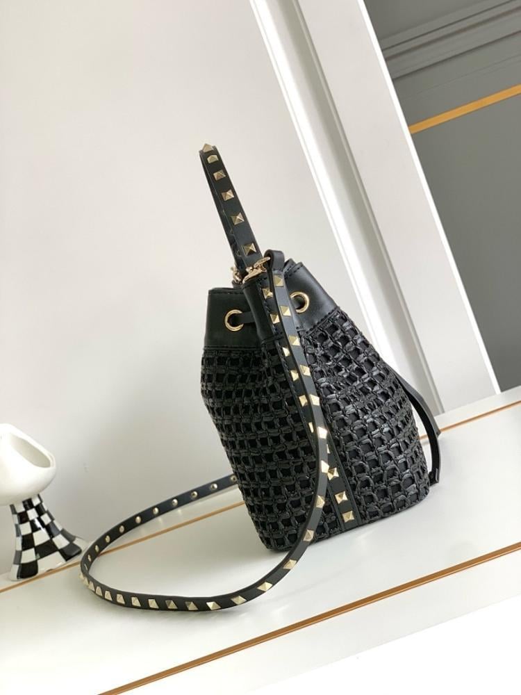 Modern Luxury Studded Raffia Bucket Bag