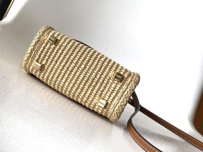 Embroidered Straw Top Handle Bag