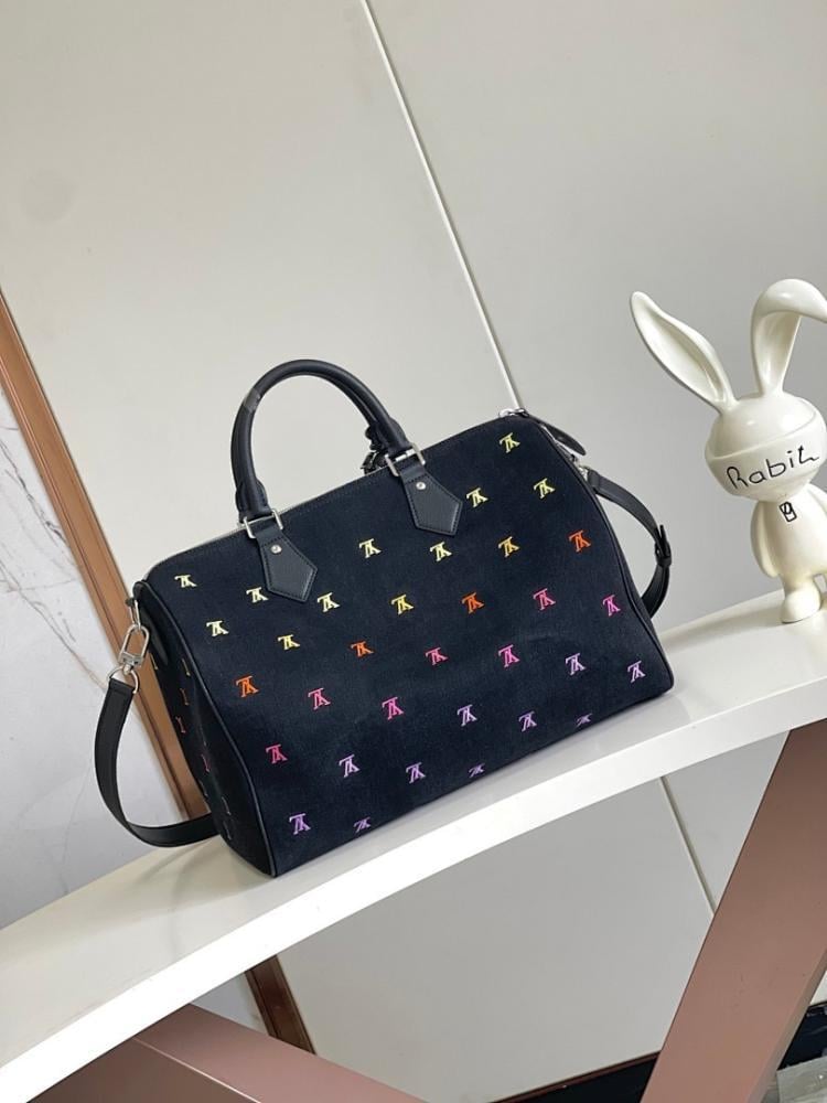 Classic Modern Black Embroidered Denim Top Handle Bag