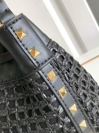 Modern Luxury Studded Raffia Bucket Bag