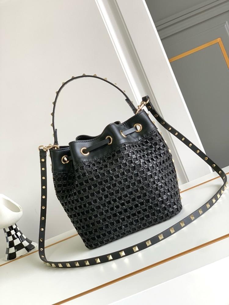Modern Luxury Studded Raffia Bucket Bag