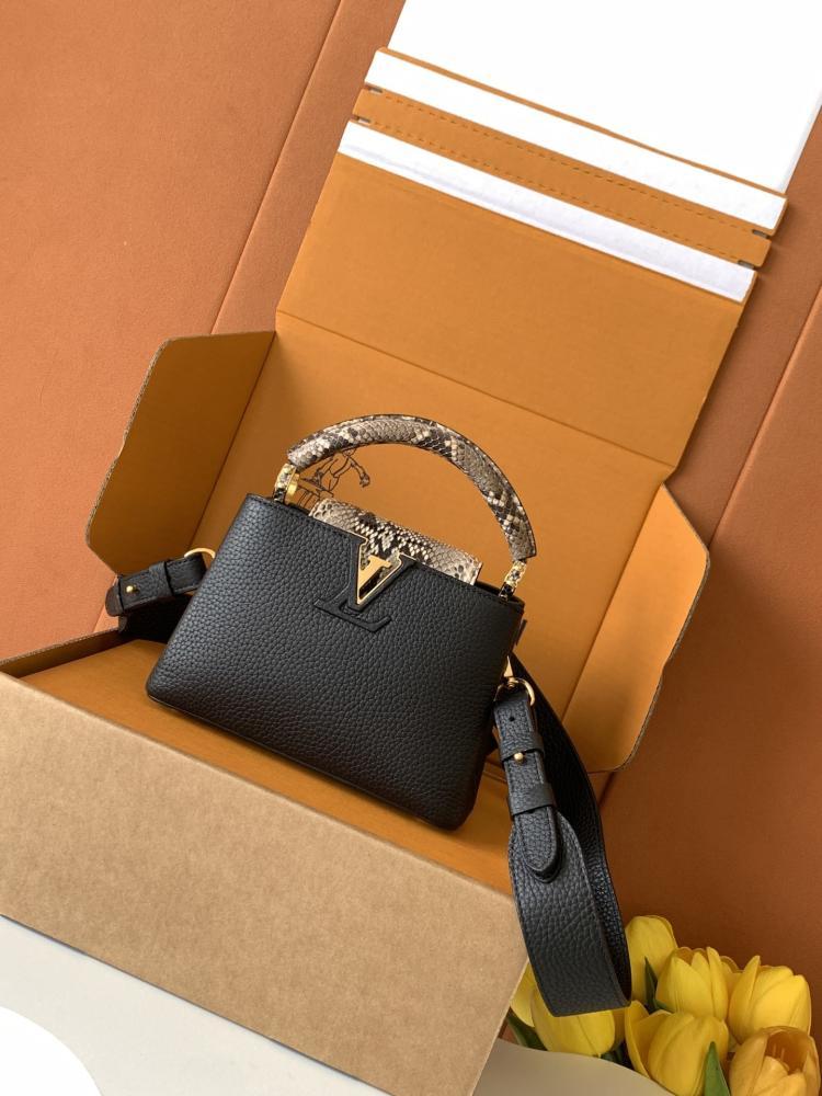 Capucines Mini in Black Taurillon Leather with Python Trim